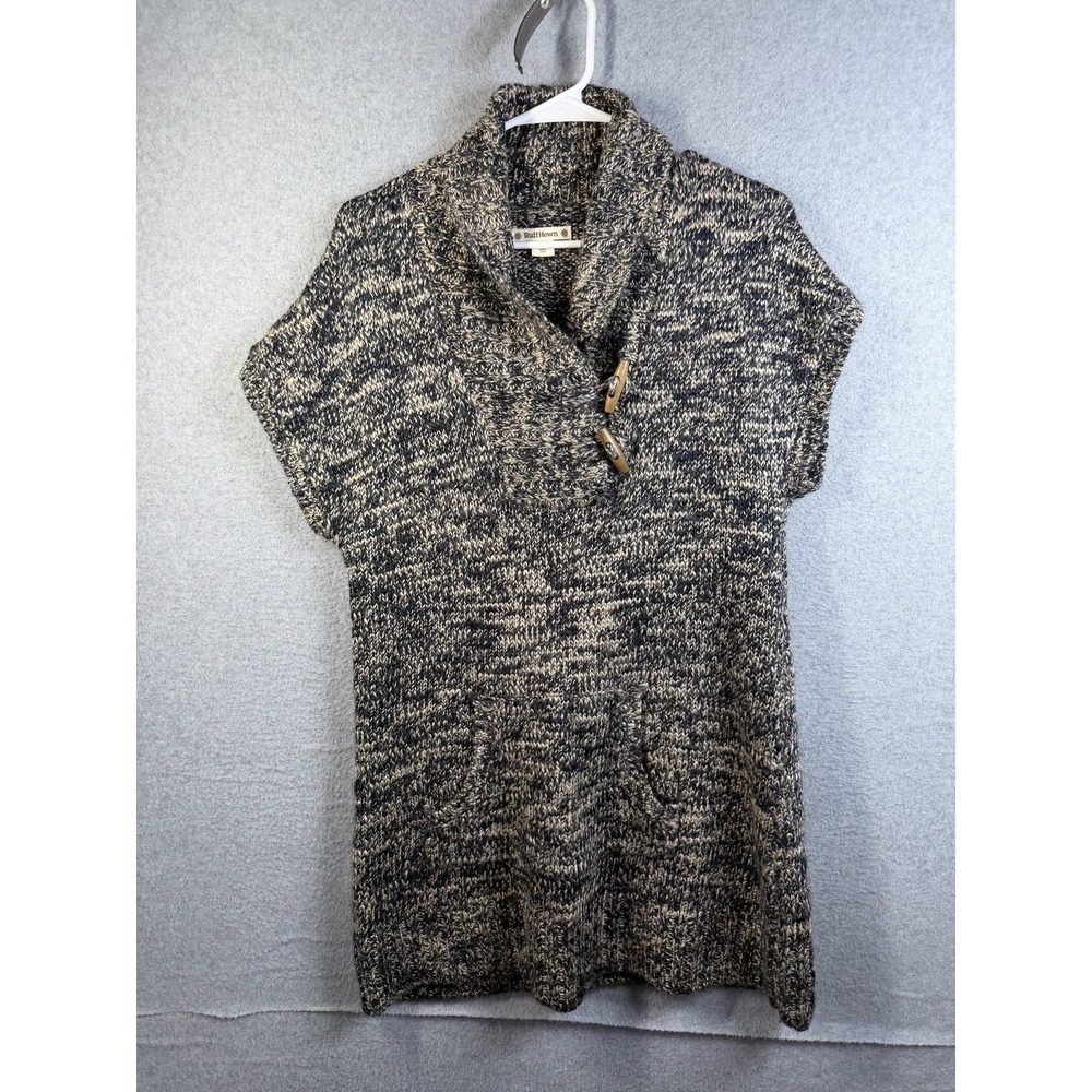 Ruff Hewn Sweater Womens PL Gray Knit Cowl Neck Tunic Short Sleeve Pockets